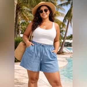 🌴Classic Elements Vintage 90s Chambray Shorts L| High Rise Elastic Waist Summer🌴